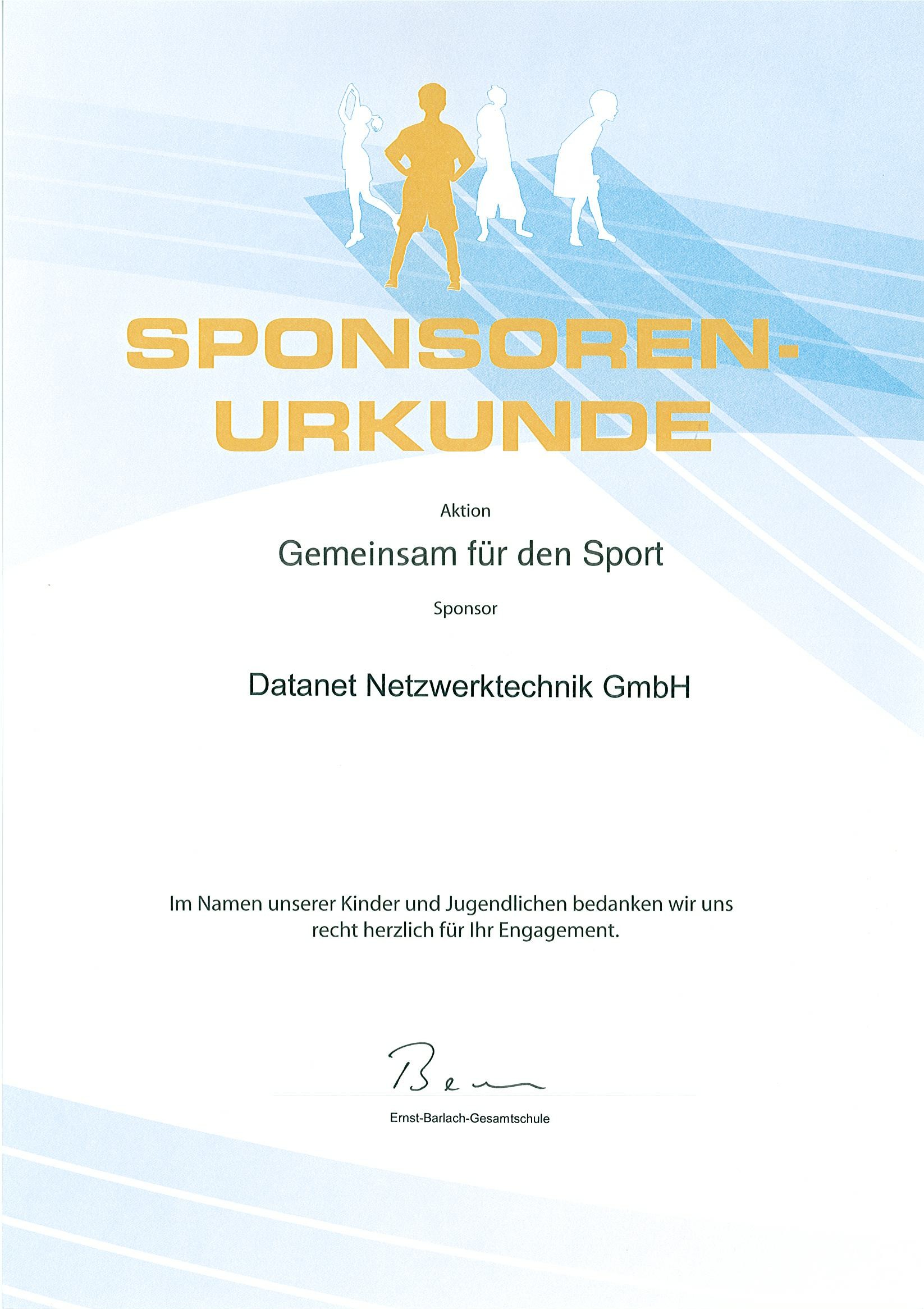 Sponsoren-Urkunde Ernst-Barlach-Gesamtschule